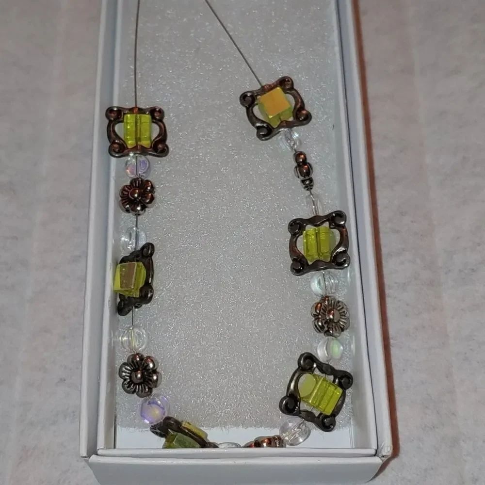 Handmade Necklace Semi-Transparent Green Iridescent Square Glass beads